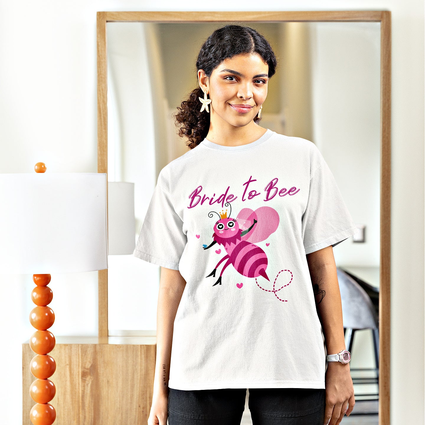 Cotton Bachelorette T-shirt: Unisex sizing; Bride-to-Be art