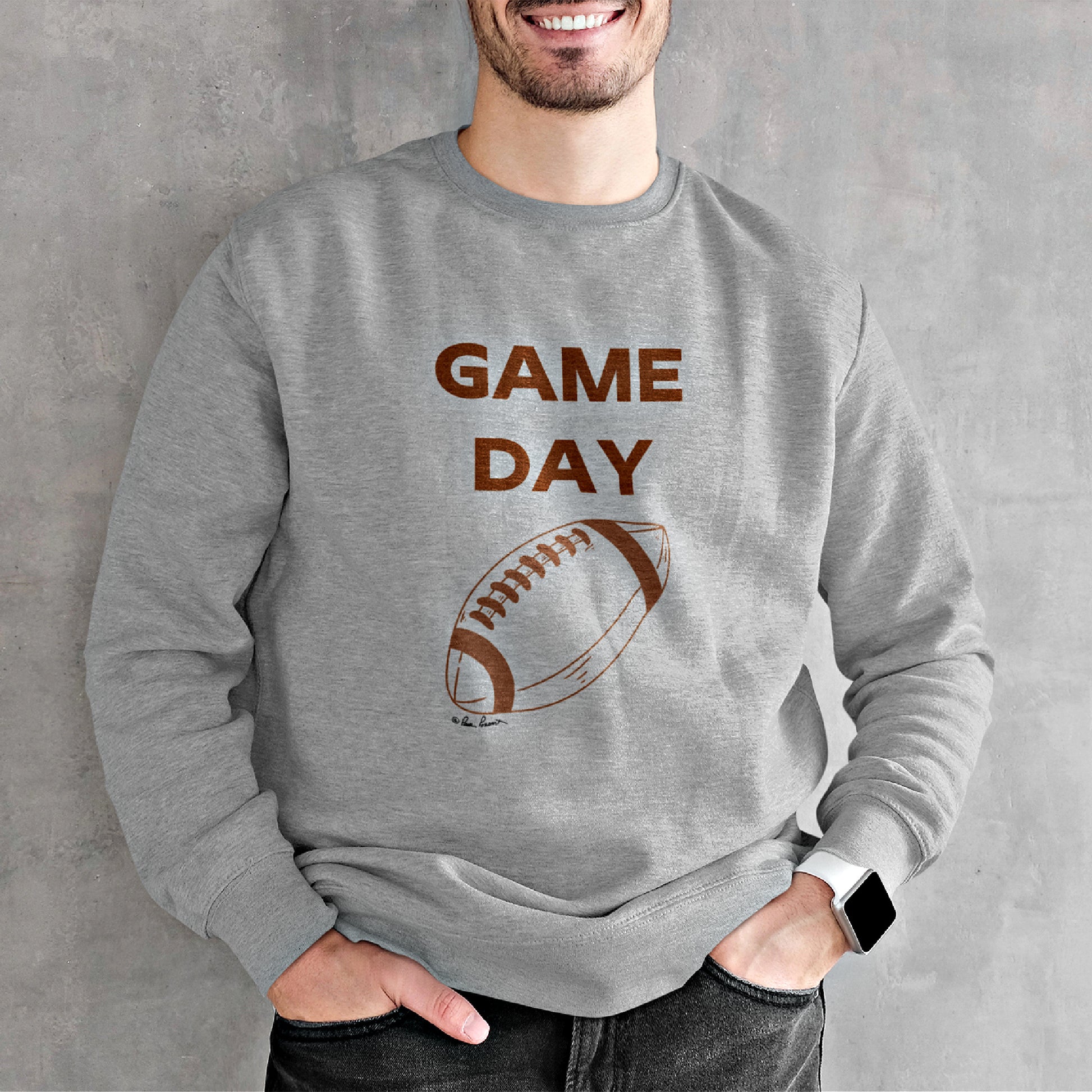 Mock up of a cropped-face smiling man who is wearing our Sport Grey sweatshirt