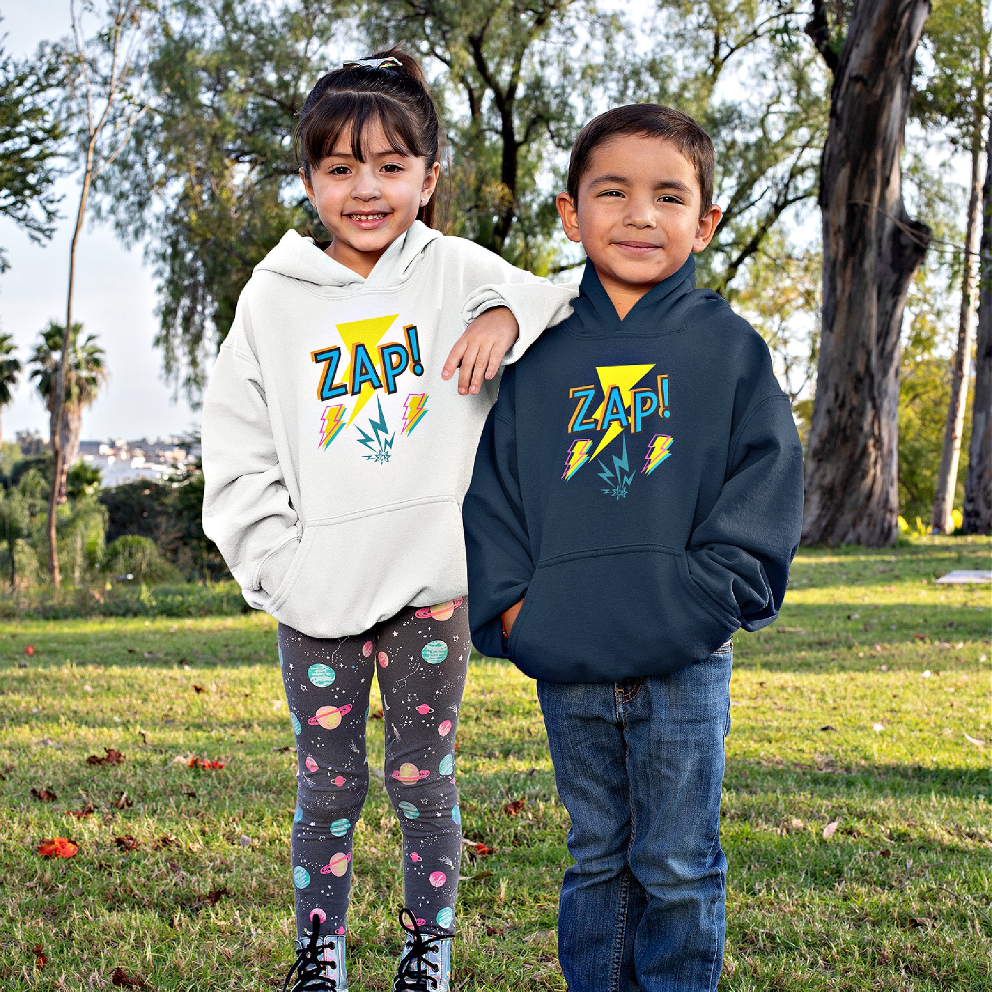 Mock up of a boy and a girl; each wearing one of the hooded sweatshirts