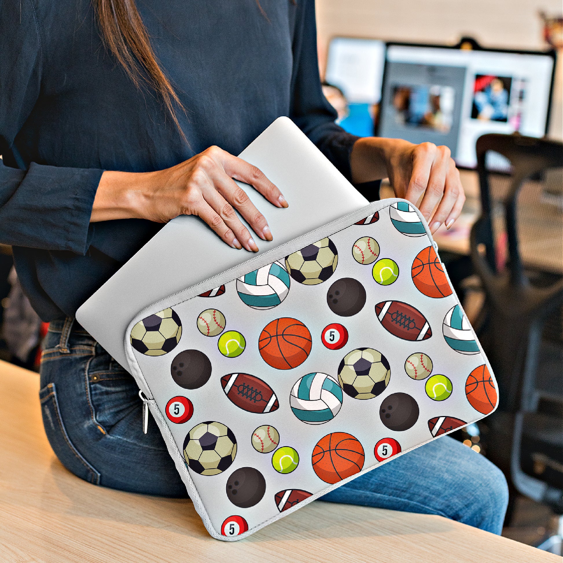 Mock up of a woman holding a computer sleeve with laptop.