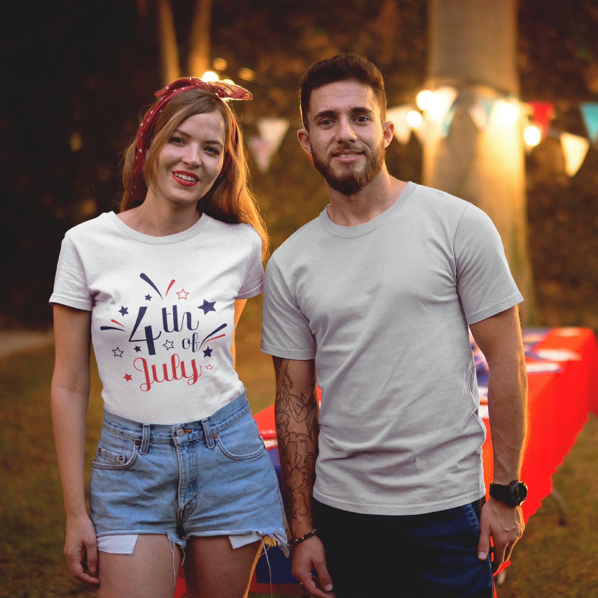 Mock up of a man and woman at an outdoor party where she is wearing the White t-shirt