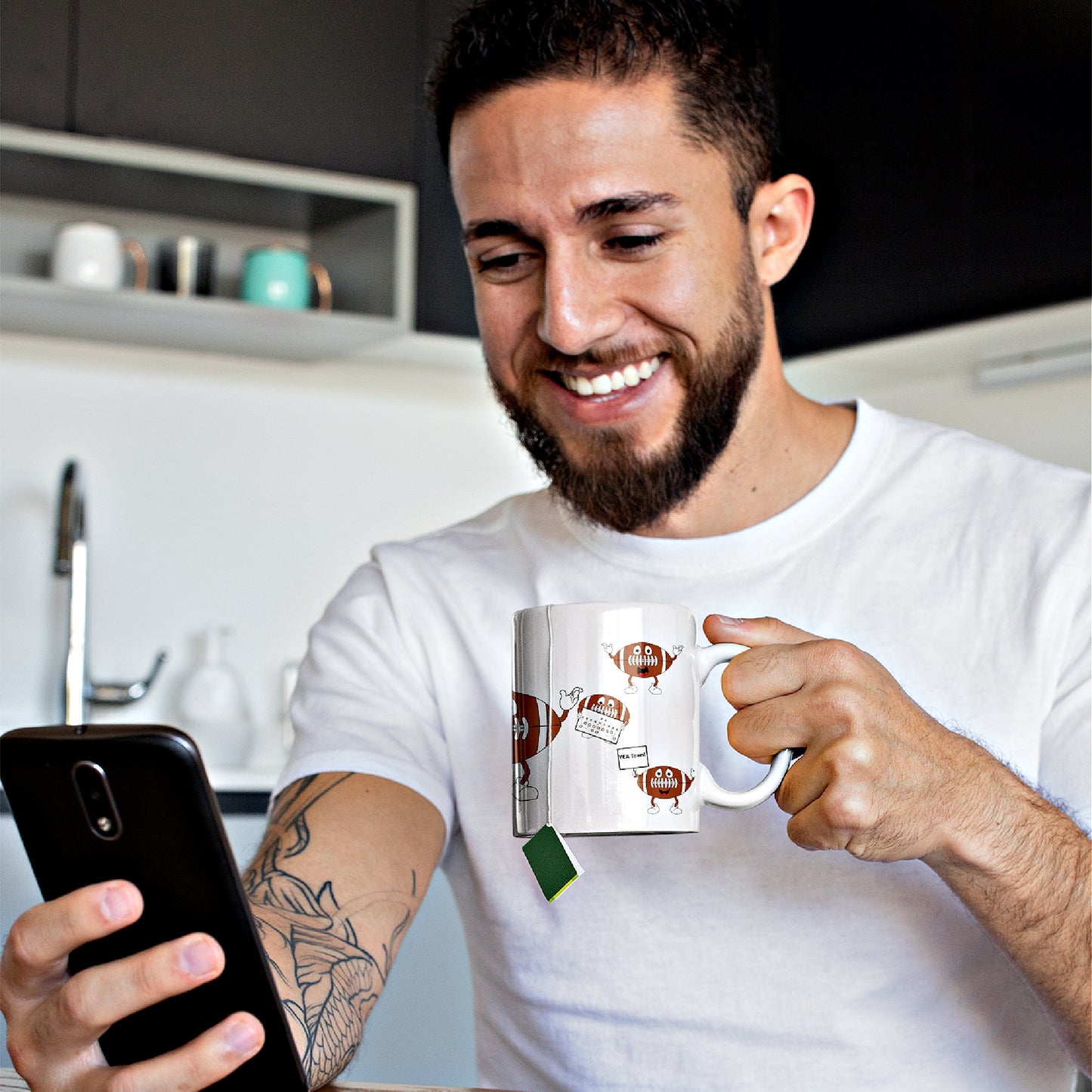 Mock up of a smiling man drinking tea from the mug