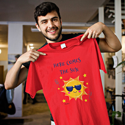 Mock up of a happy man holding up the Red t-shirt