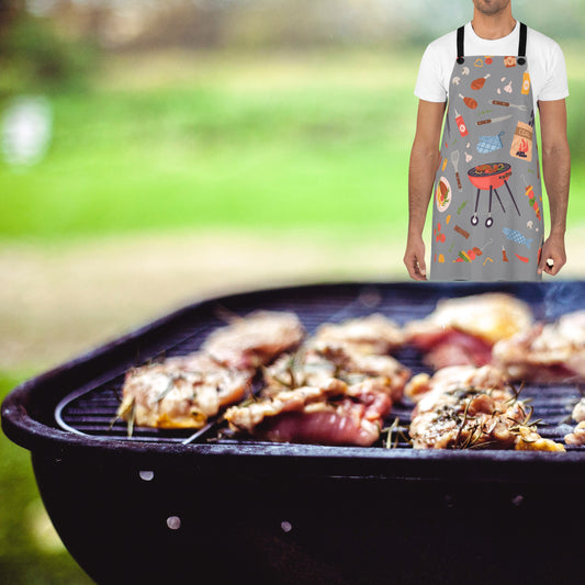 Mock up of a grill with a man in the distance wearing our apron