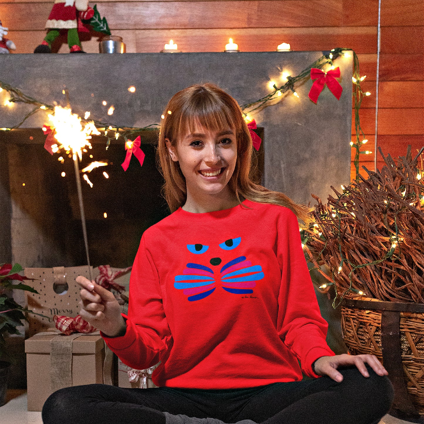 Mock up of a blonde-haired woman wearing the Red shirt during the Holiday season