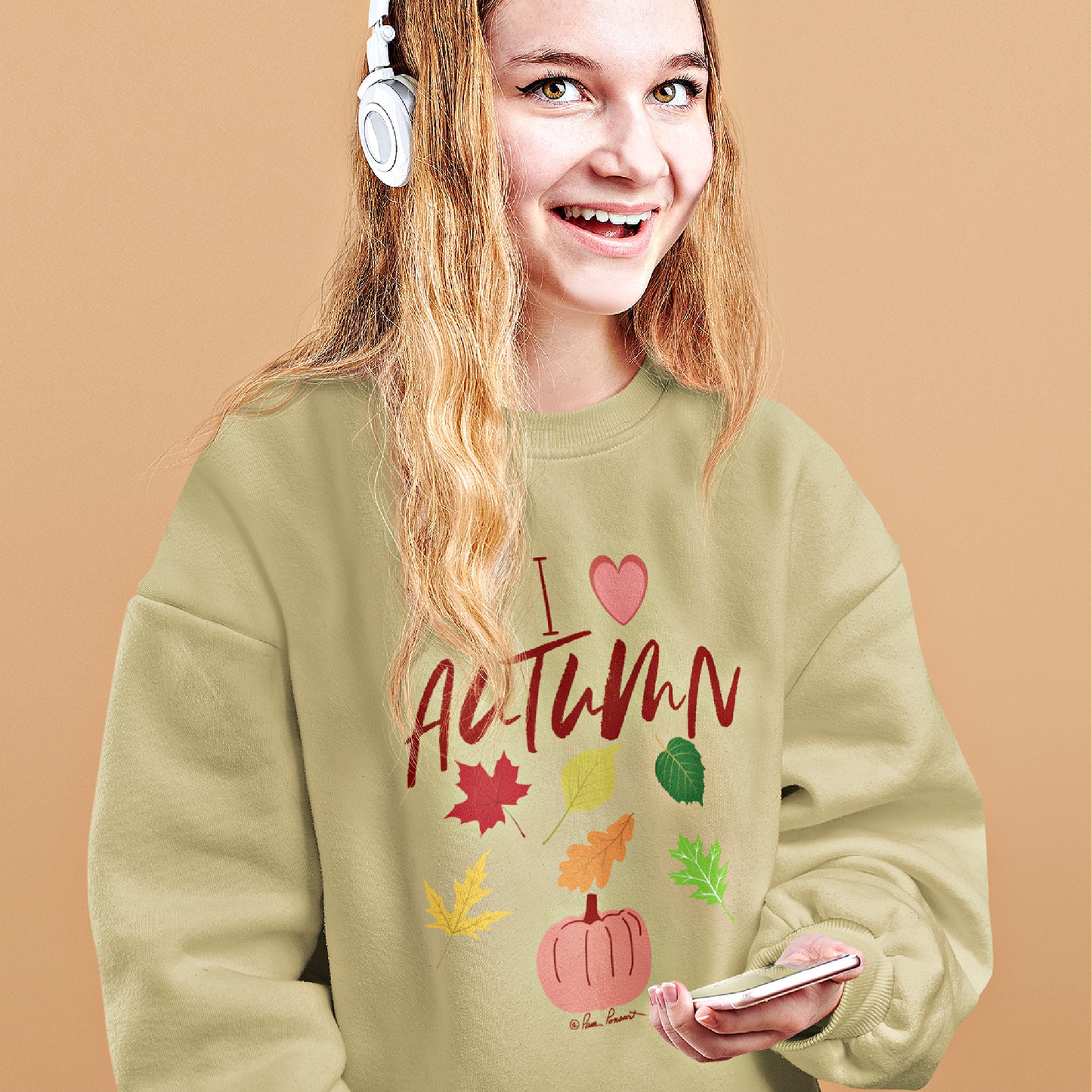 Mock up of a happy woman wearing our Sand sweatshirt