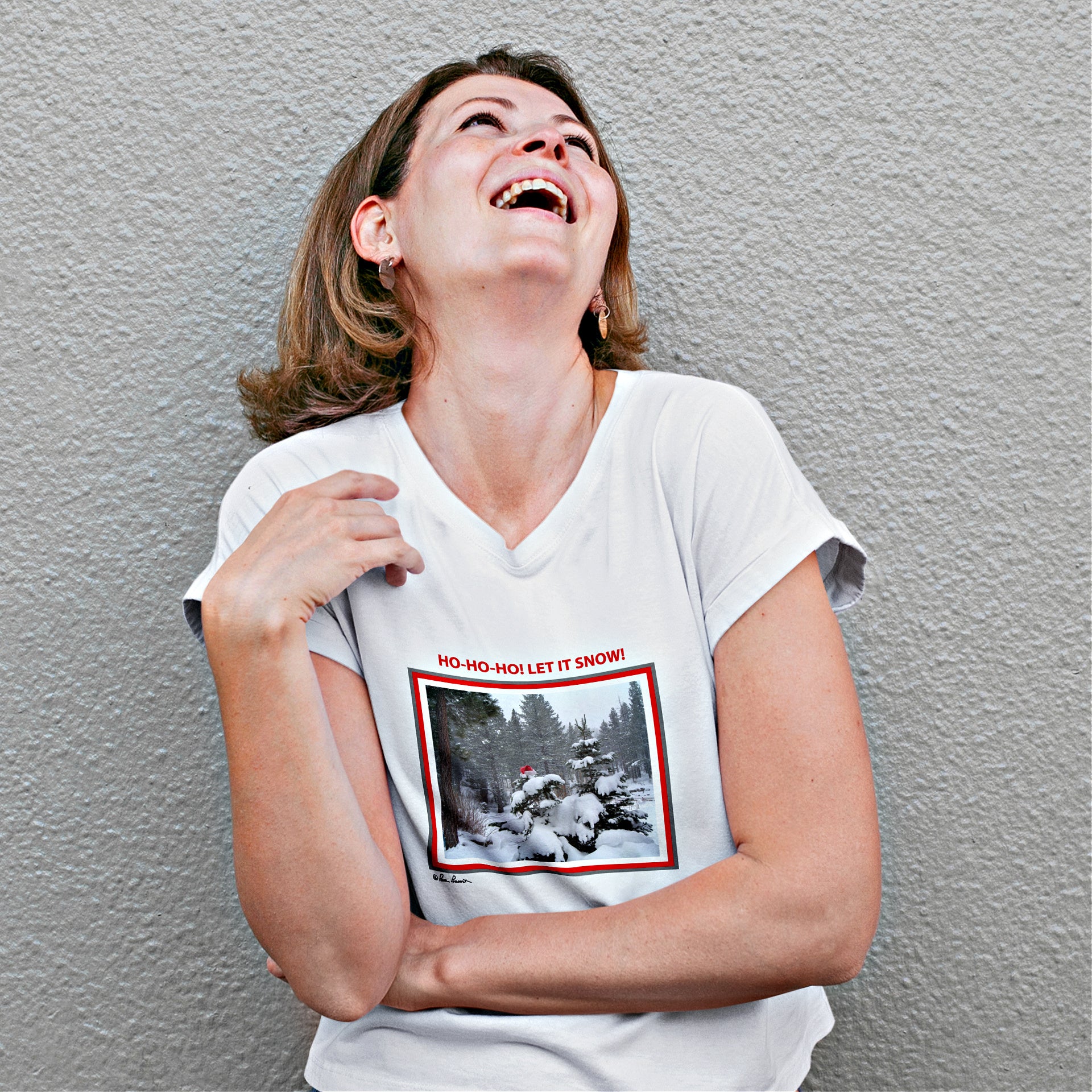 Mock up of laughing woman wearing T-shirt