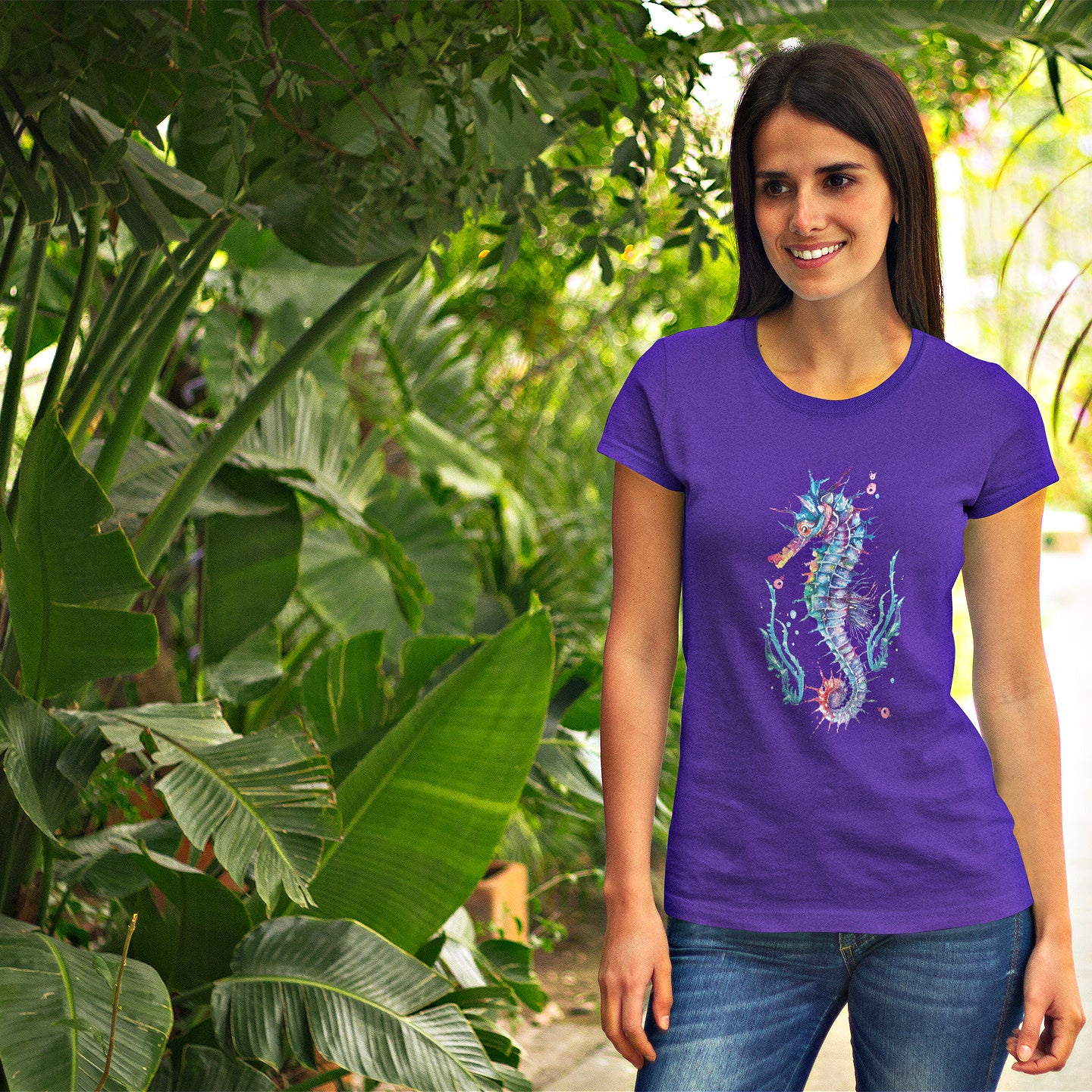 Mock up of a dark-haired woman wearing our Purple shirt
