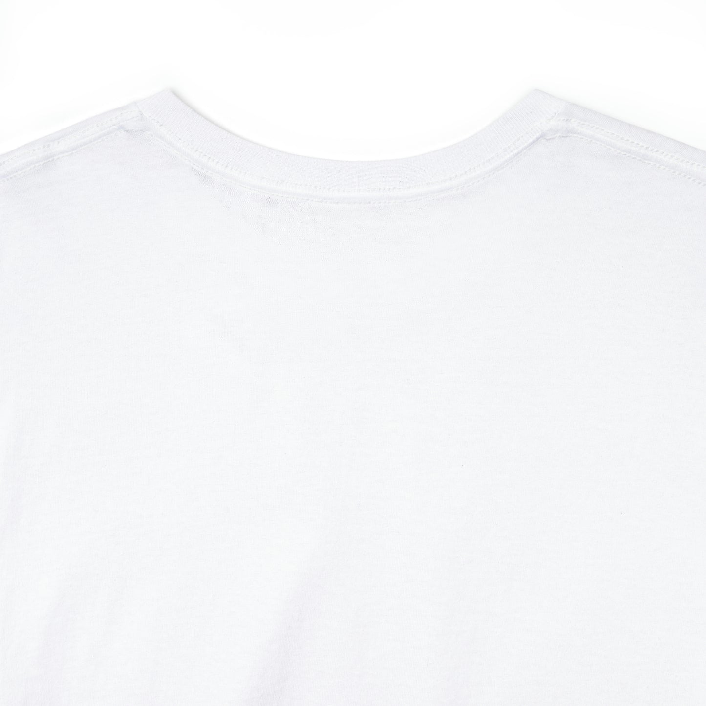 Close up of the back of the crewneck of the white t-shirt