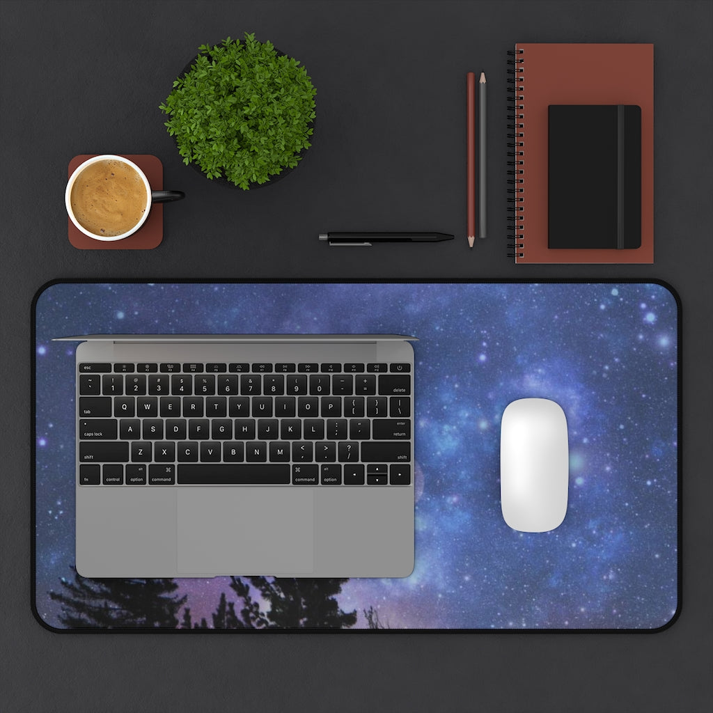 Mock up of the larger desk mat with laptop and mouse