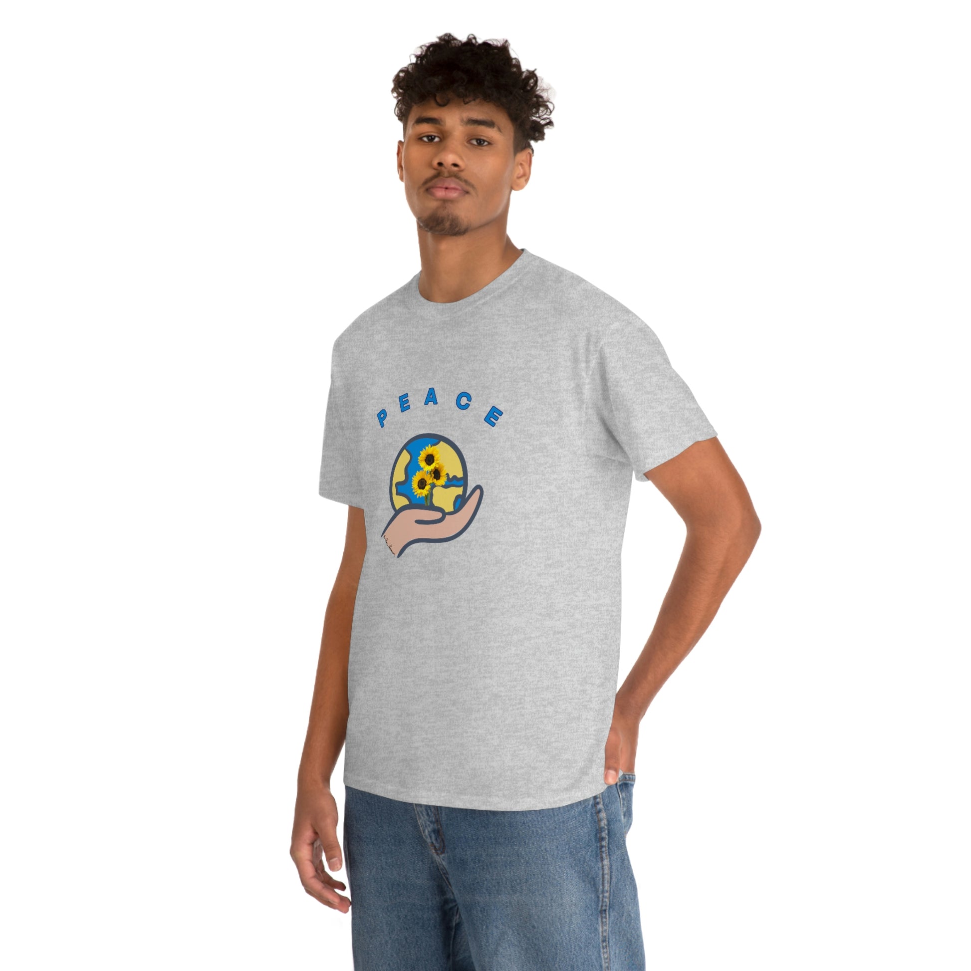 Mock up of the gray t-shirt as worn by a slim man with facial hair