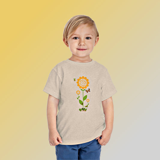 Mock up of child wearing the Heather Dust t-shirt