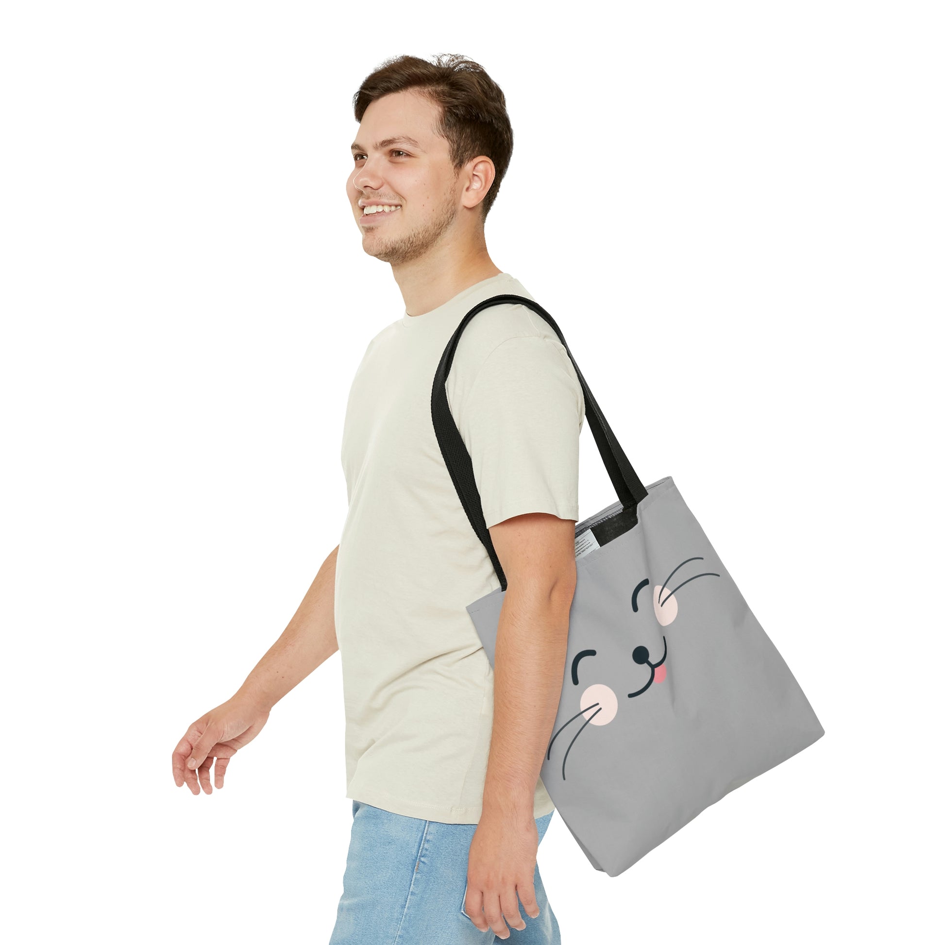 Mock up of the small tote bag being worn on the shoulder of a man