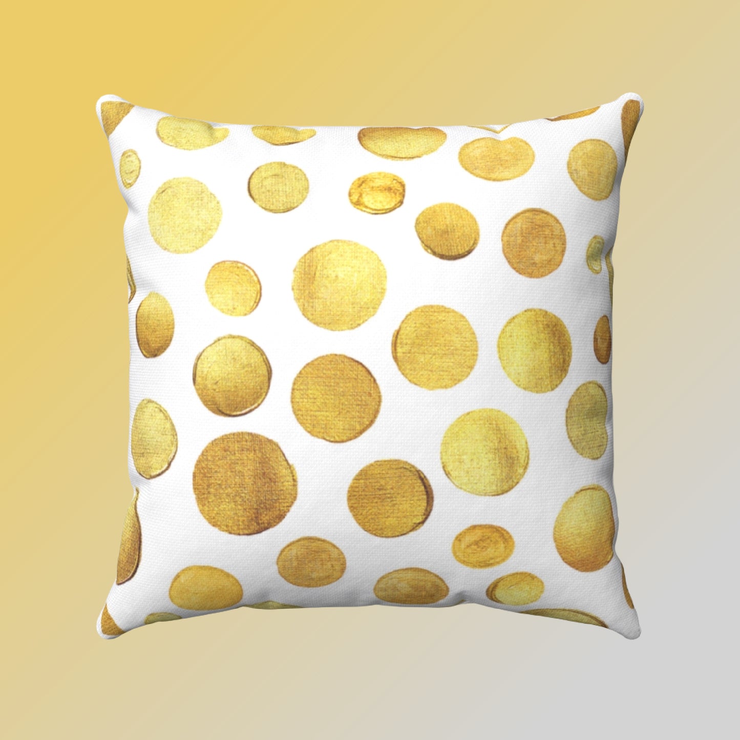 Front and back view of our pillow case featuring glittering gold round  disks in various sizes