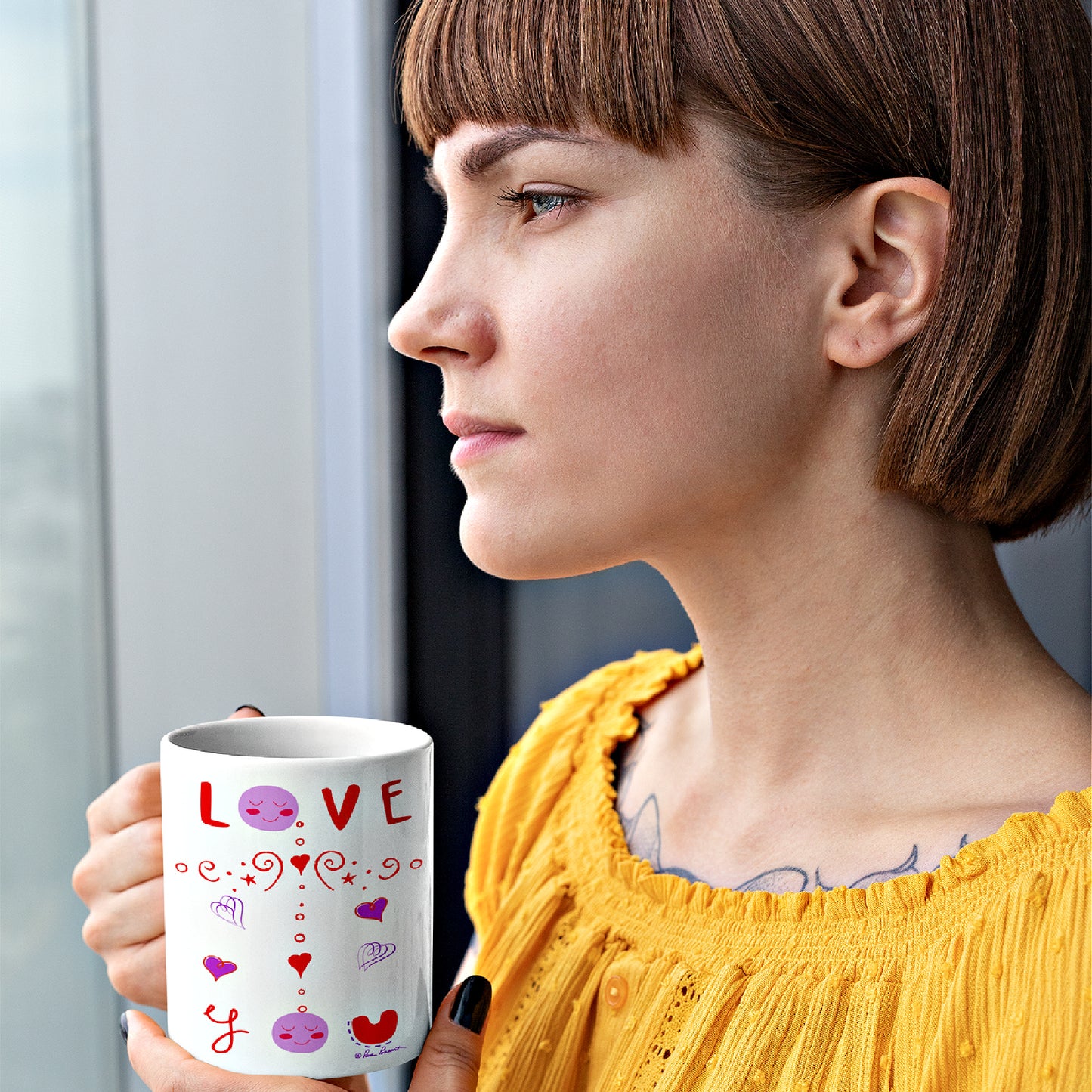 Mock up of a pensive woman holding our Whimsical Valentine Mug 