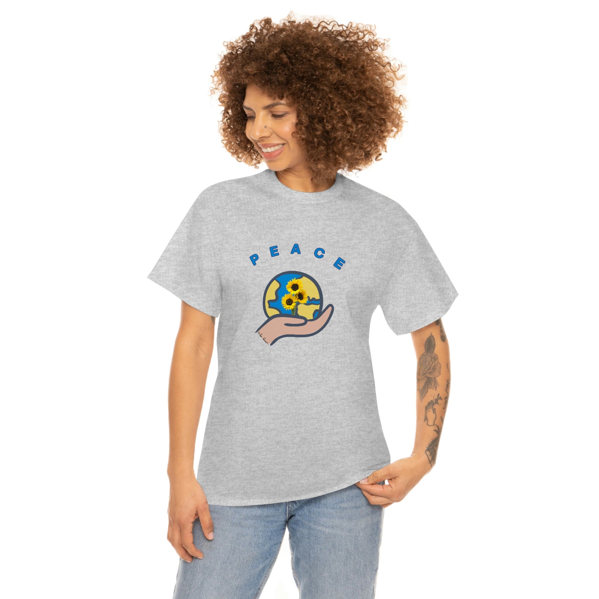 Mock up of the gray t-shirt as worn by a slim woman