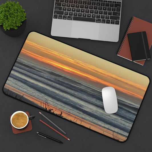 Mock up of the 12" by 22" desk mat with desk accessories