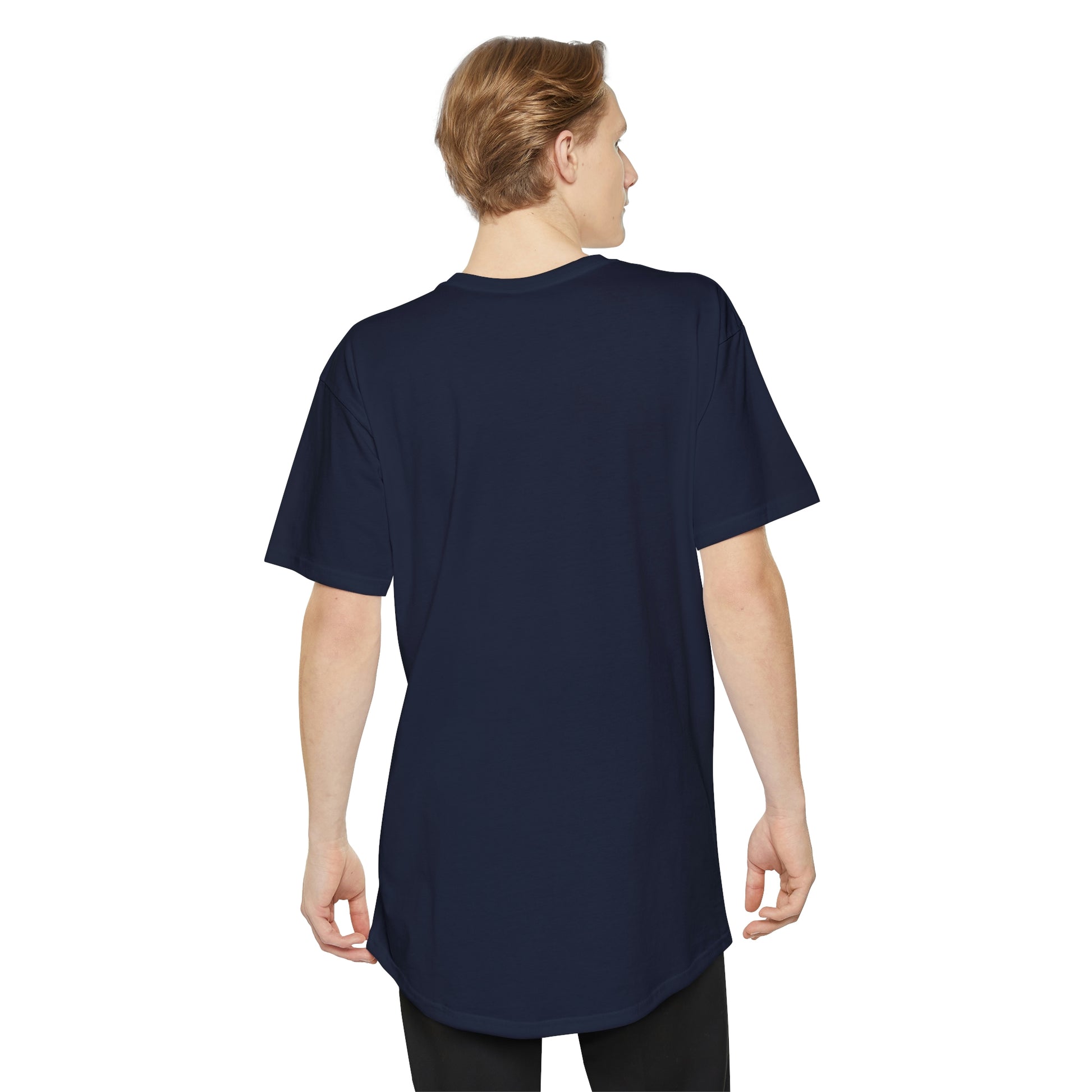 Mock up of a standing man showing the back of the Navy Blue t-shirt
