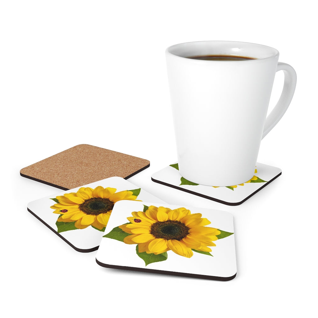 Mock up of our Sunny Sunflower Coasters with a white latte mug 