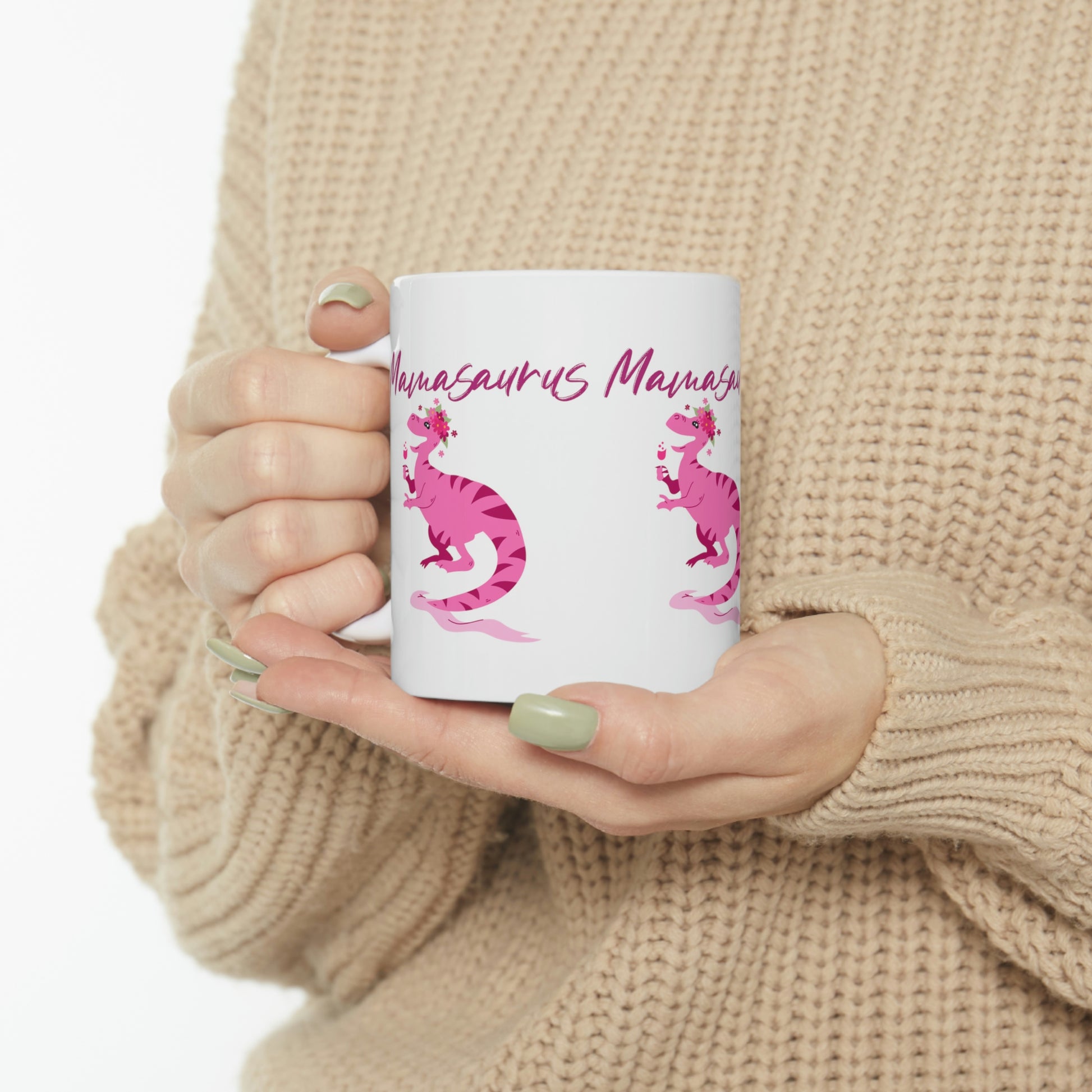 Mock up of the mug being held by a woman wearing a sweater
