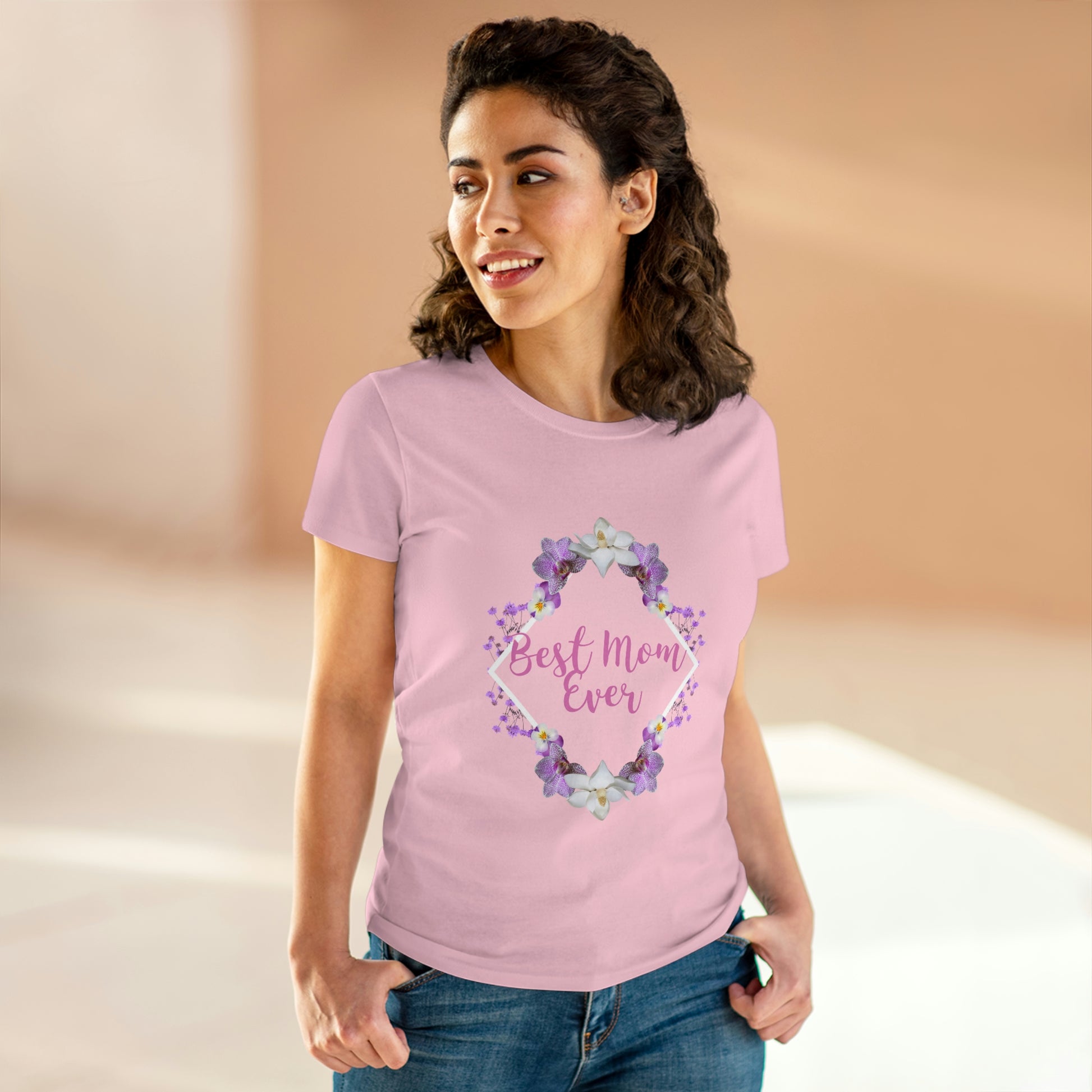 Mock up of dark-haired woman wearing our pink shirt