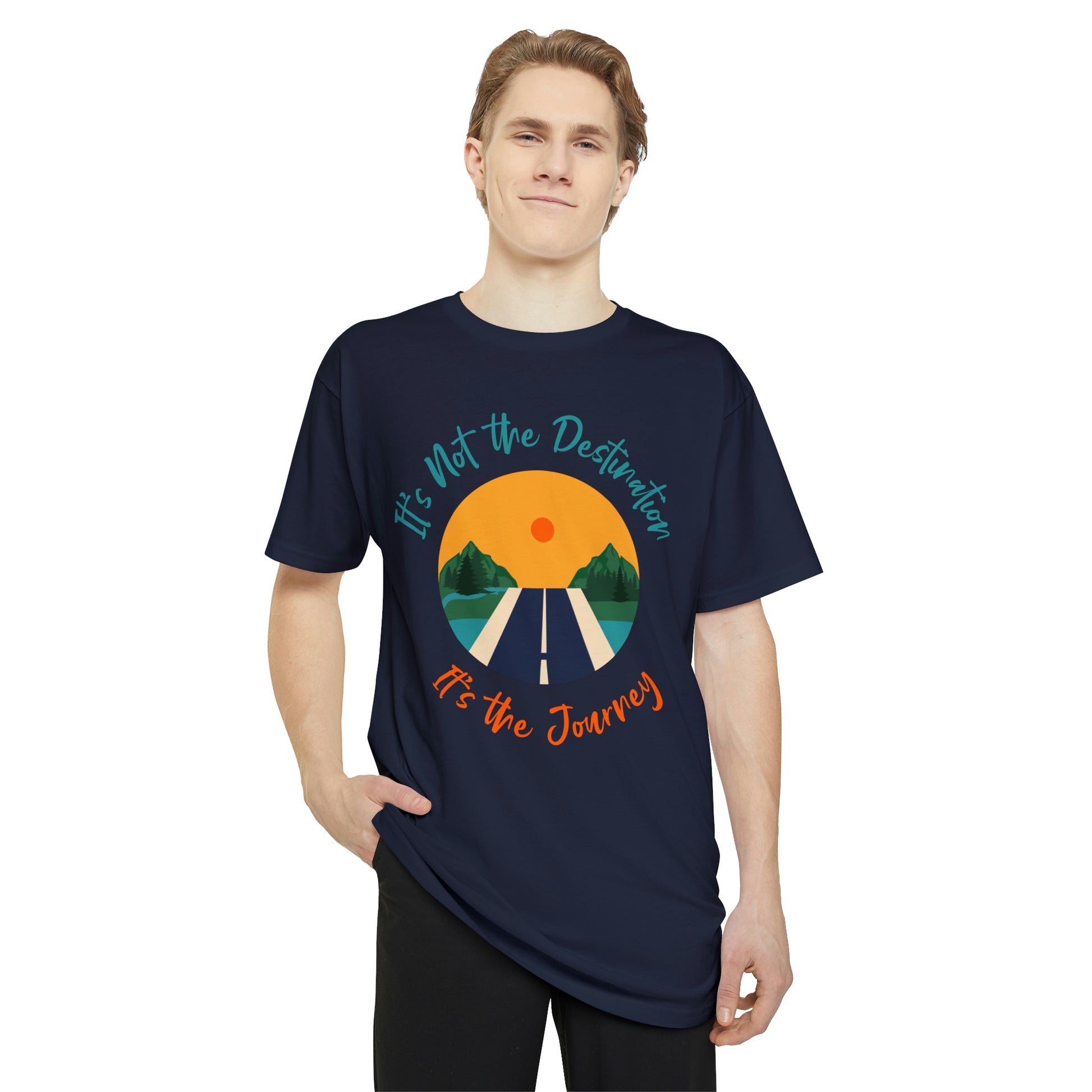 Mock up of tall man showing the front of the Navy Blue t-shirt