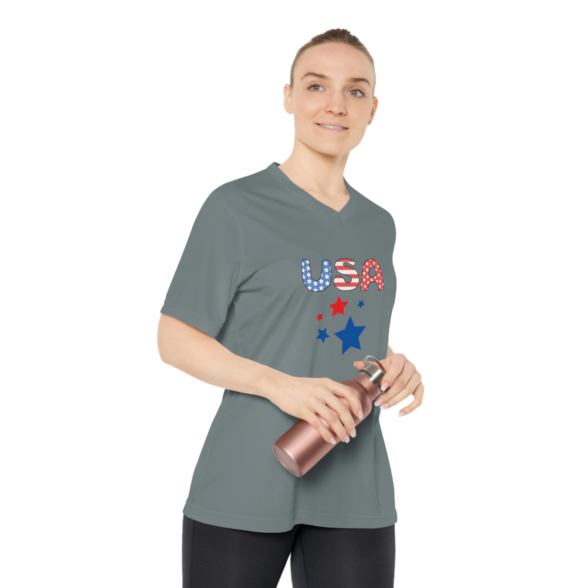 Side view of a woman wearing the Sport Graphic grey t-shirt