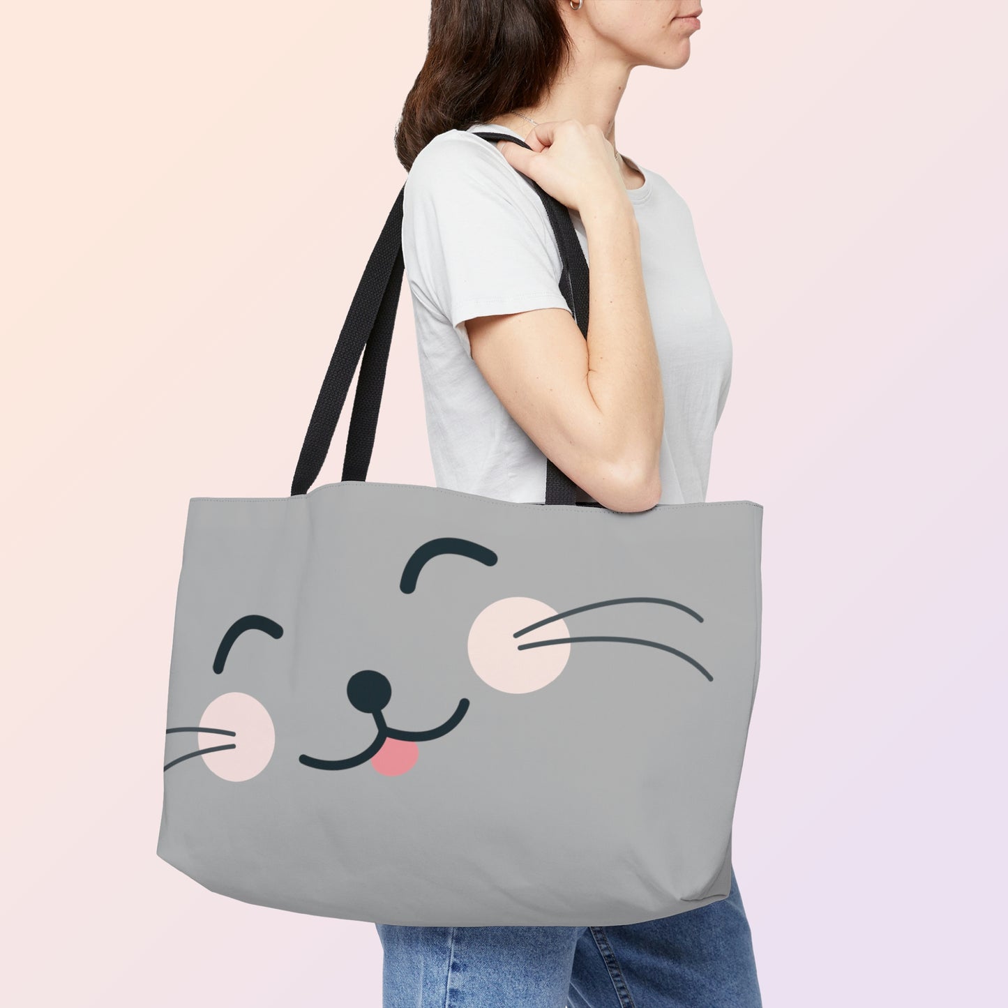 Weekender Tote Bag: Polyester; 24" x 13"; T-bottom: Cat art