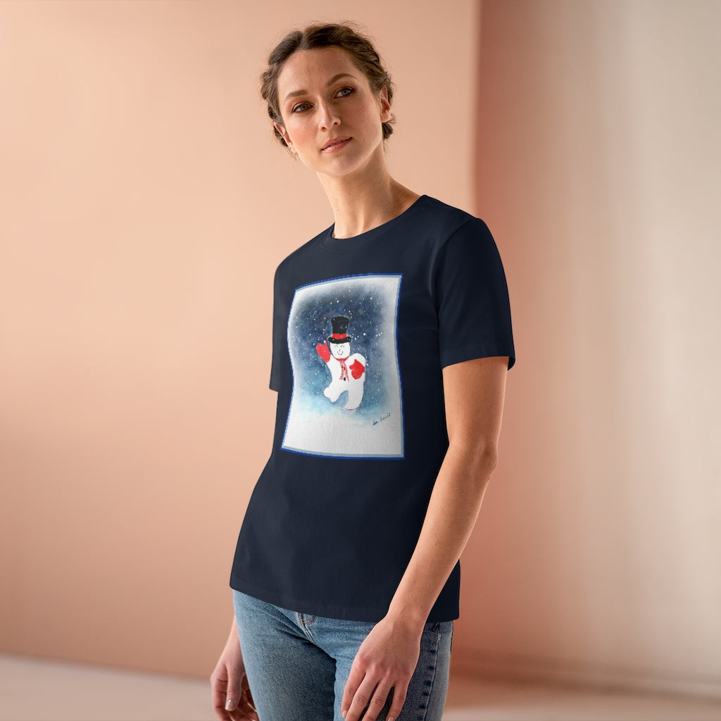 Front side view of the navy t-shirt as modeled by a woman