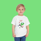 Mock up of a child wearing our White t-shirt