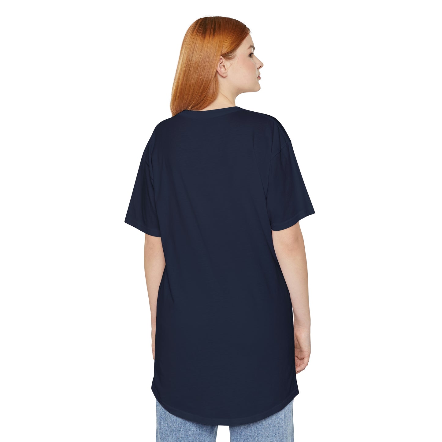 Mock up of a tall woman modeling the back of the Navy Blue T-shirt