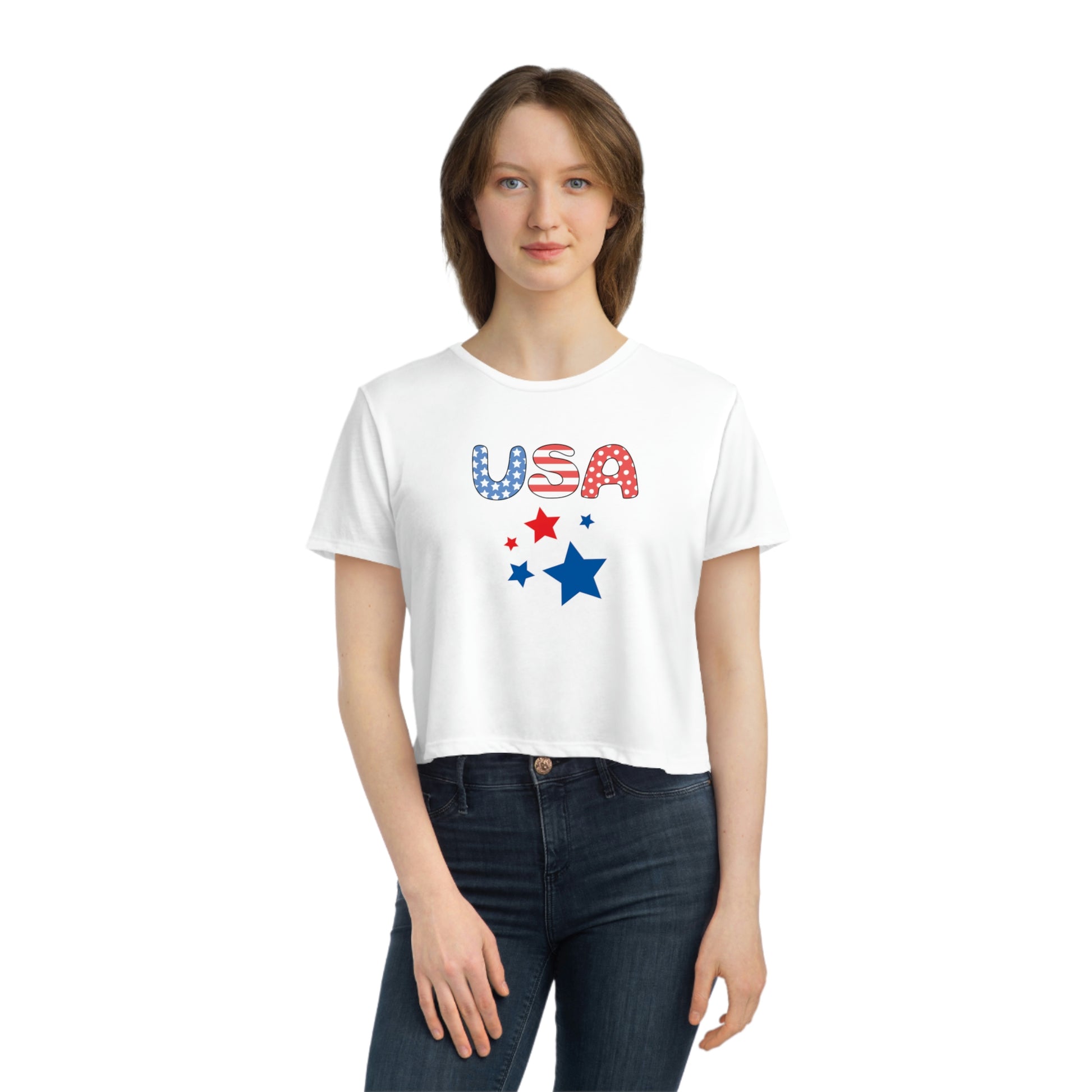 Mock up of a slim woman wearing our White shirt
