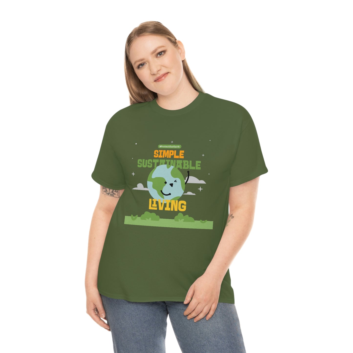 Mock up of a blonde haired woman wearing the green shirt