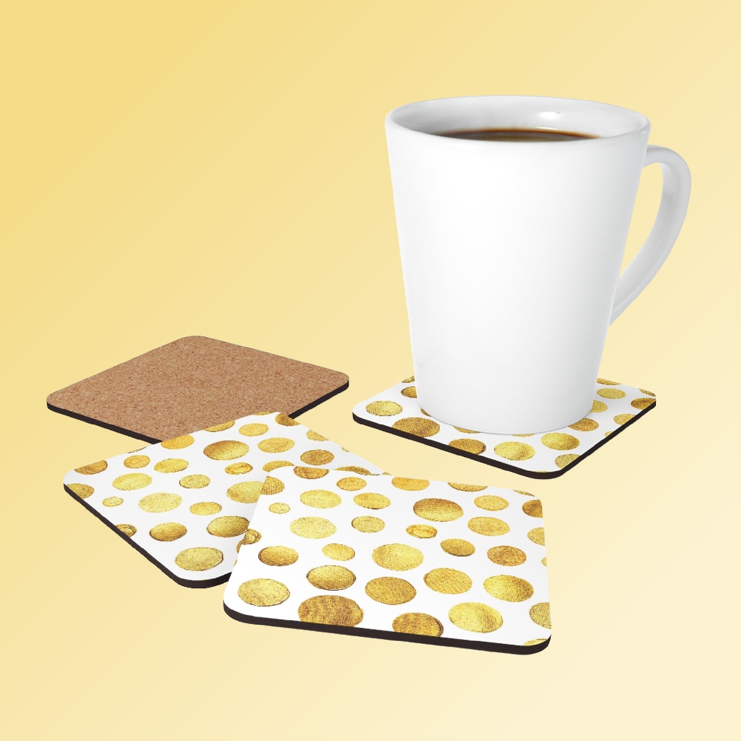 Mock up of a white latte mug on one of the coasters