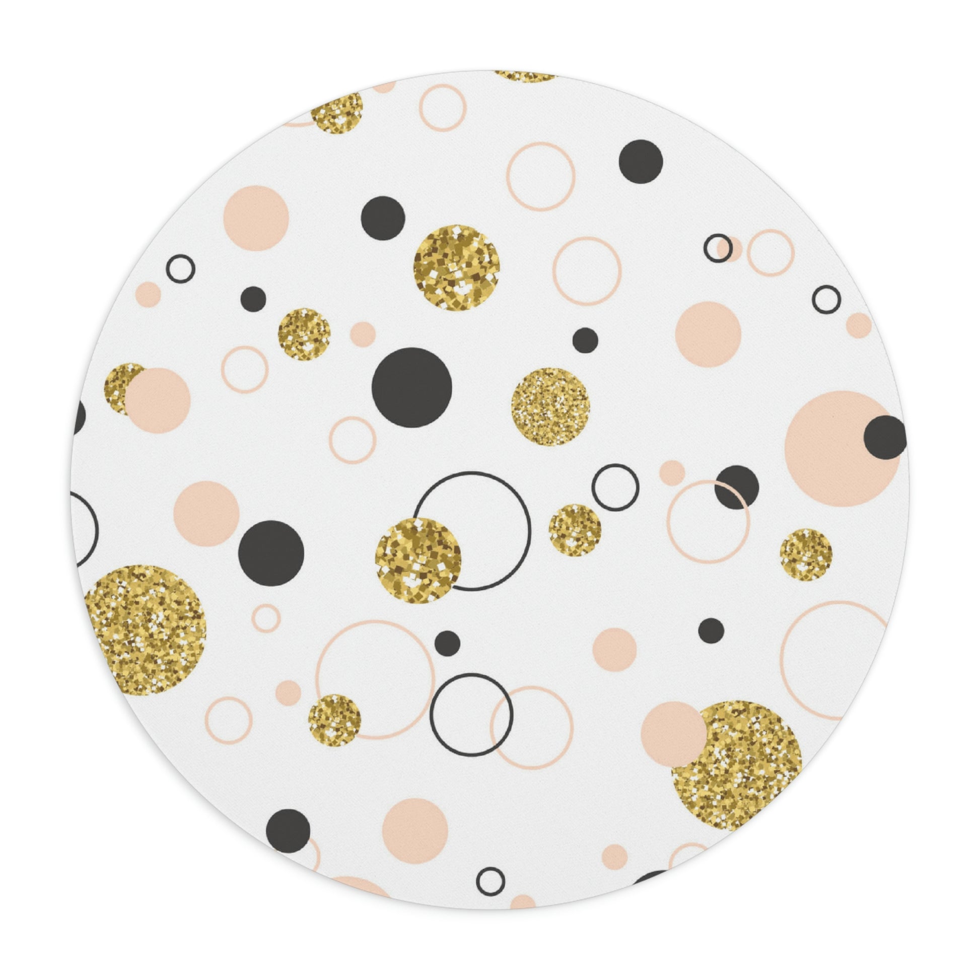 A Printify Round Mouse Pad: Retro design; 1/4" thick; Circles & Dots featuring a pattern of gold glitter, black, and peach-colored circles in varying sizes, crafted with durable neoprene construction and a non-slip rubber bottom.