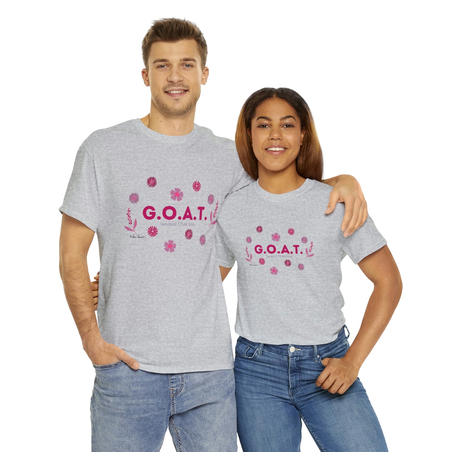 Mock up of a man and a woman wearing matching grey t-shirts