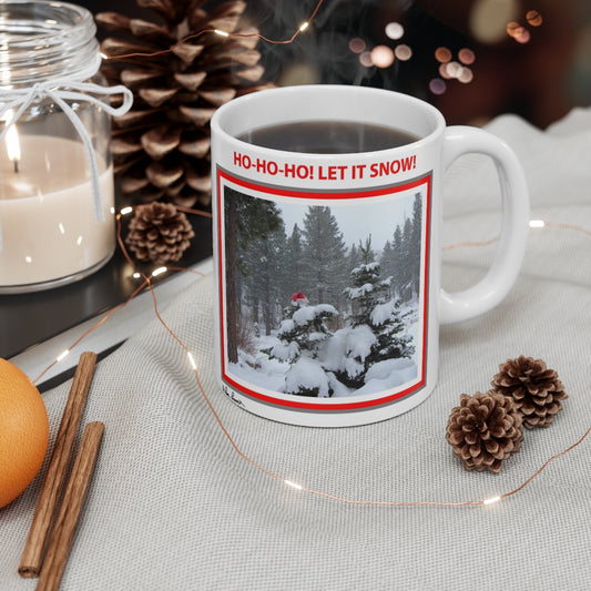 Mock up of our Santa Holiday Mug on a surface with pinecones