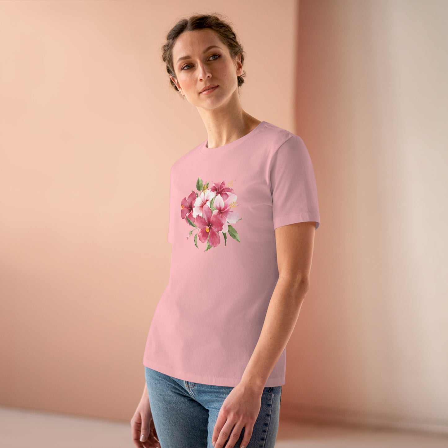 Mock up of a woman wearing the pink shirt