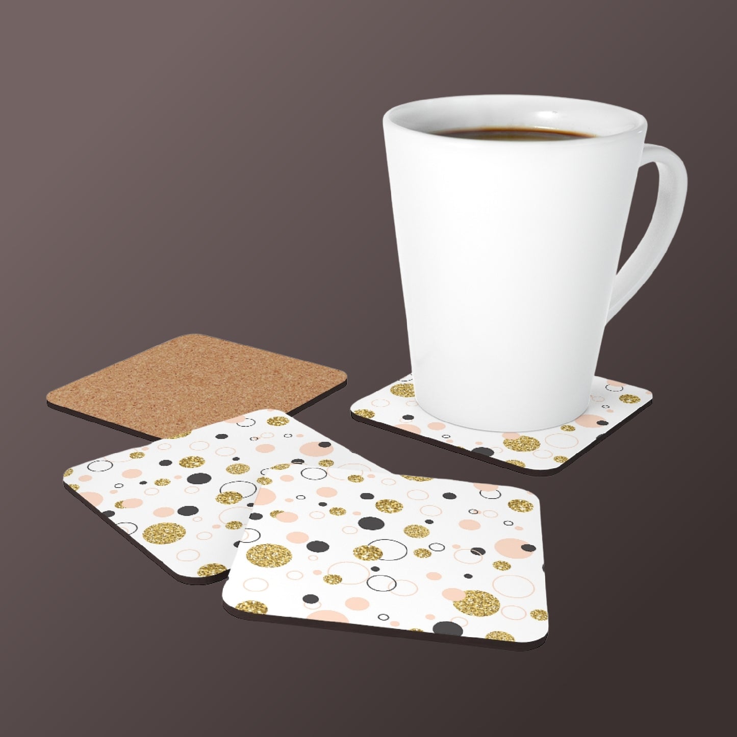 Mock up of the 4 coasters and a latte mug on one of the coasters