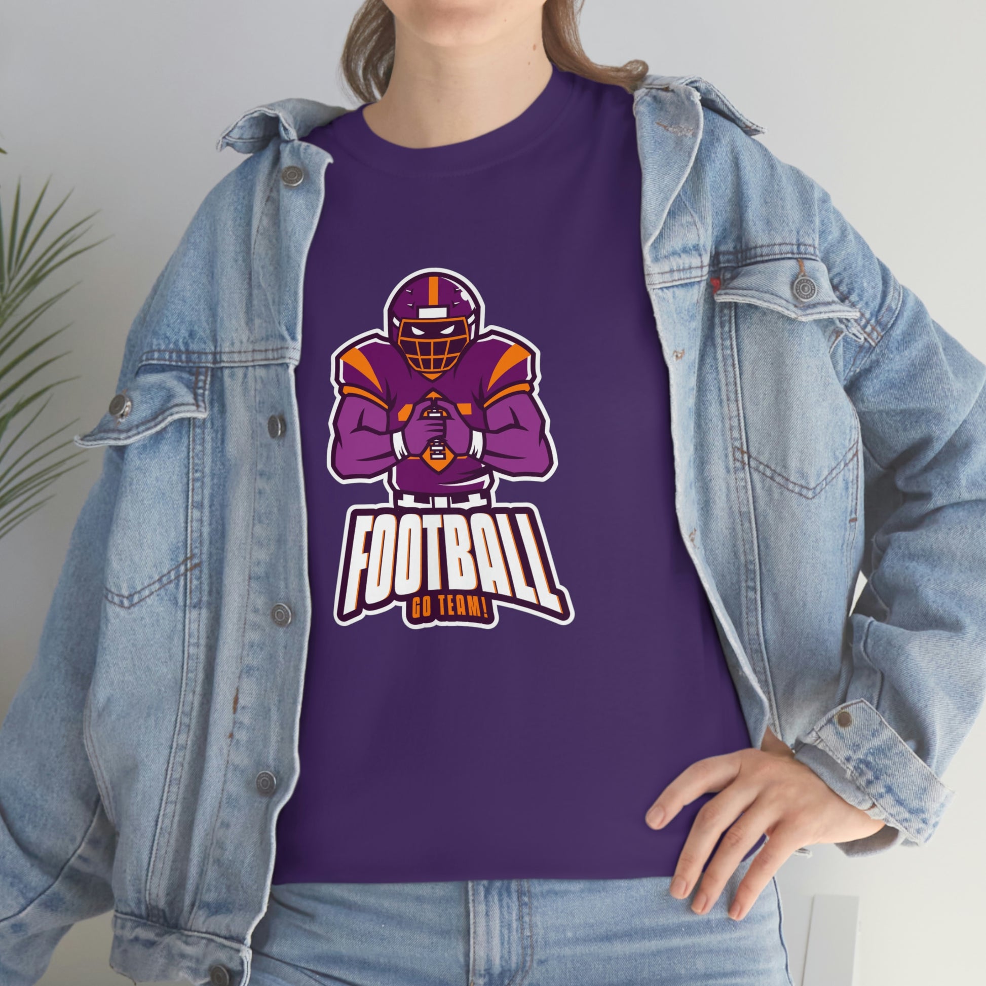 Mock up of the Purple shirt worn by a woman under a denim jacket