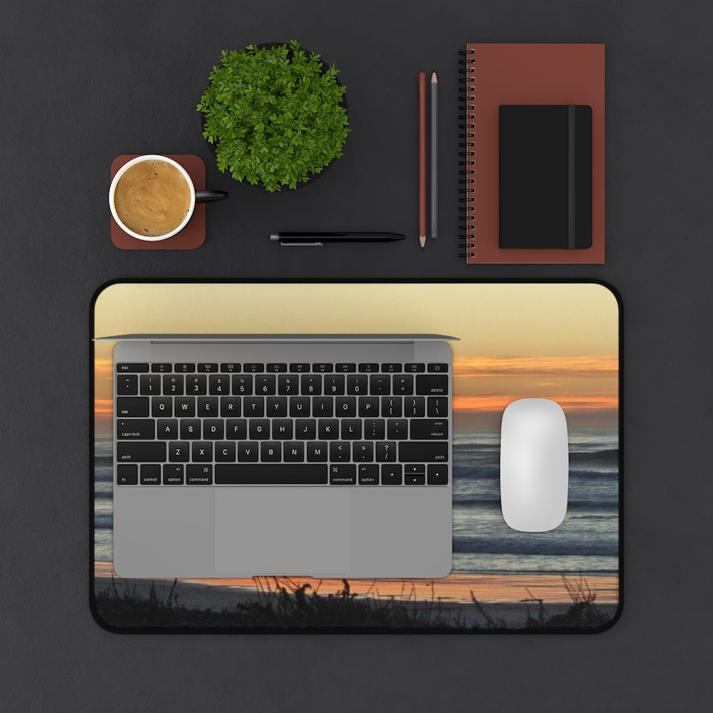Mock up of the 12" x 18" desk mat with laptop and mouse