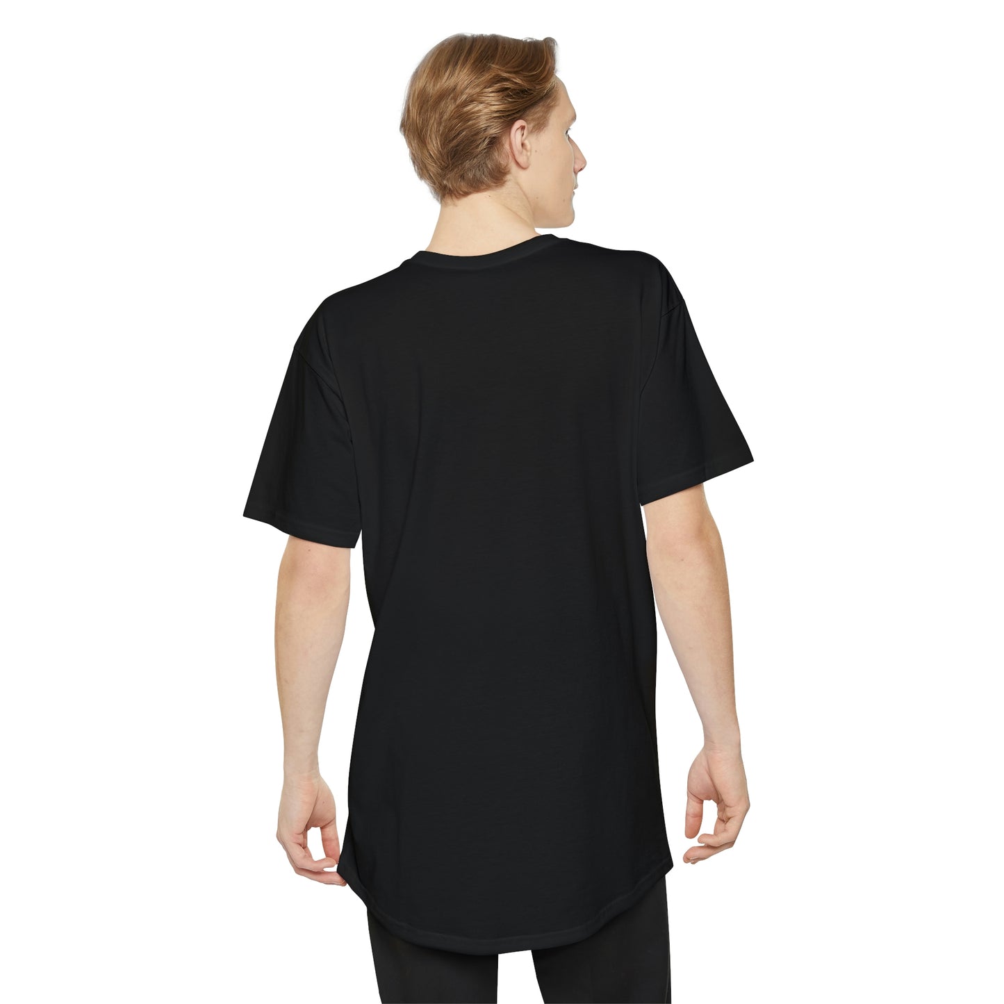 Mock up of the back view of standing man who is wearing the Black t-shirt