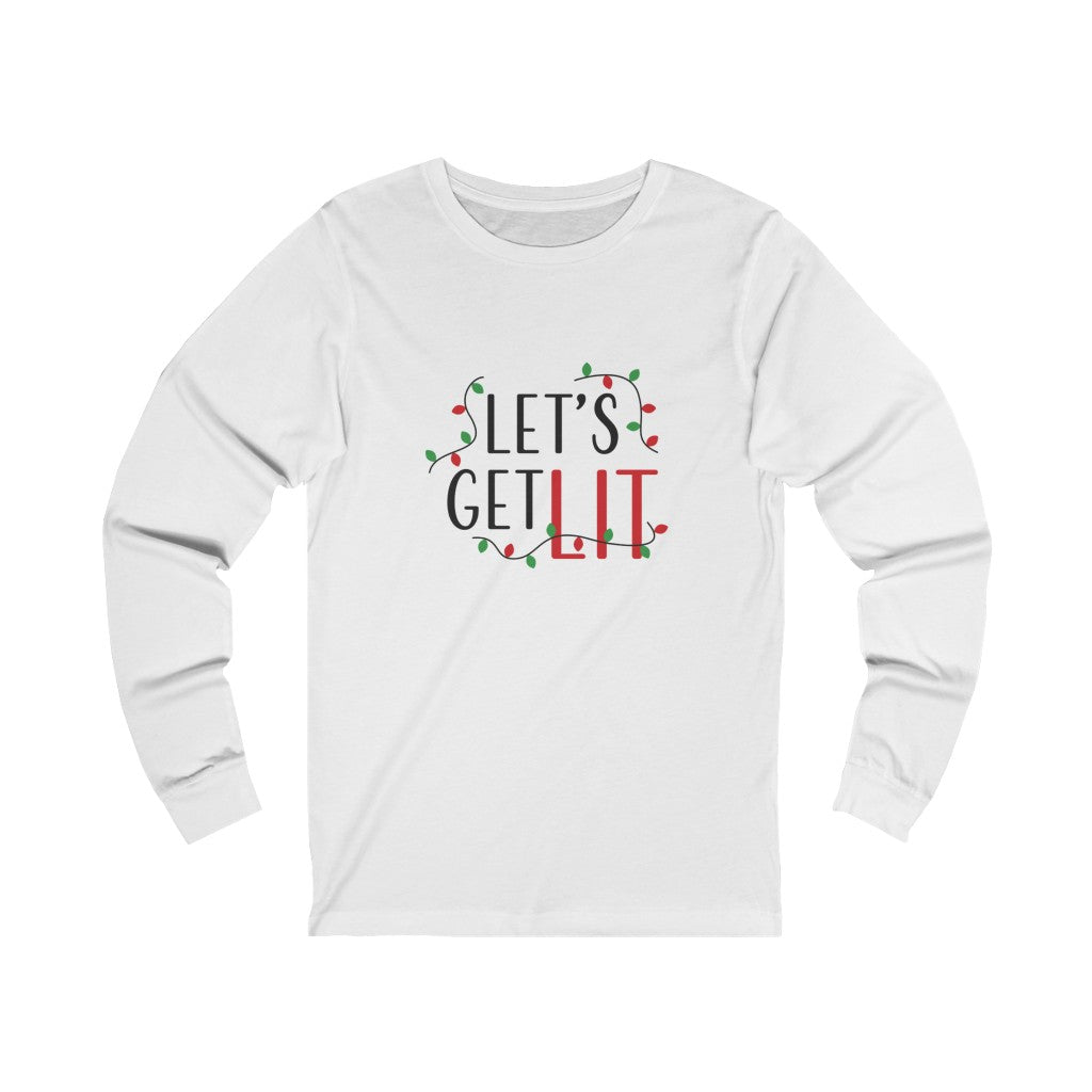 Flat view of our white long-sleeve Unisex Holiday T-shirt
