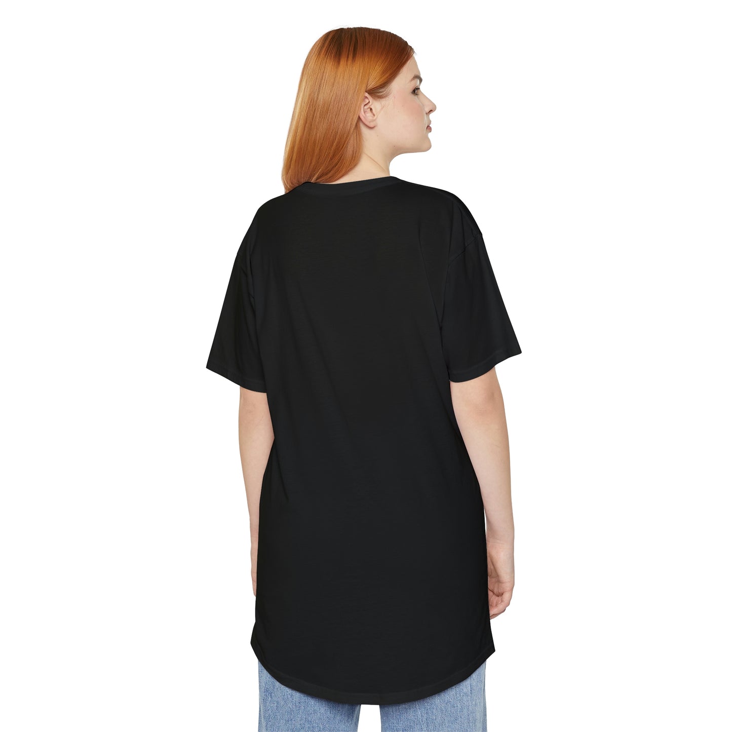 Mock up of the tall woman modeling the back of the Black t-shirt
