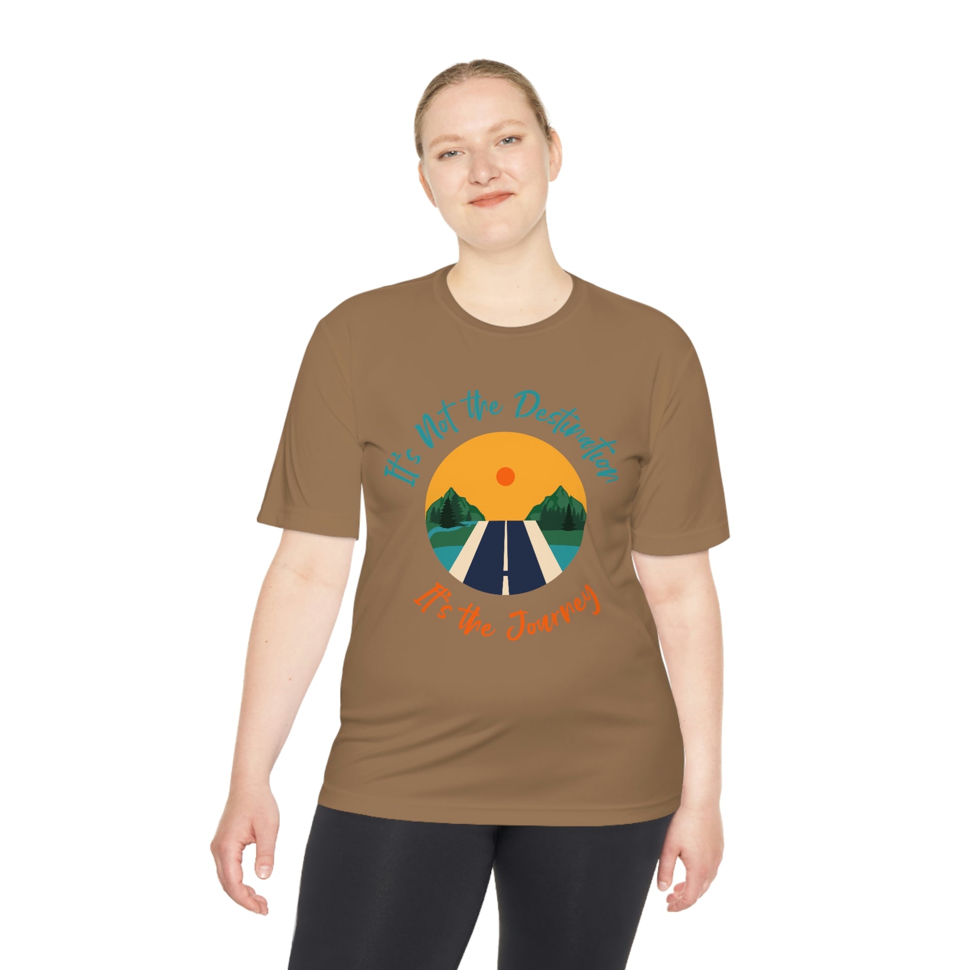 Mock up of a woman wearing the brown t-shirt