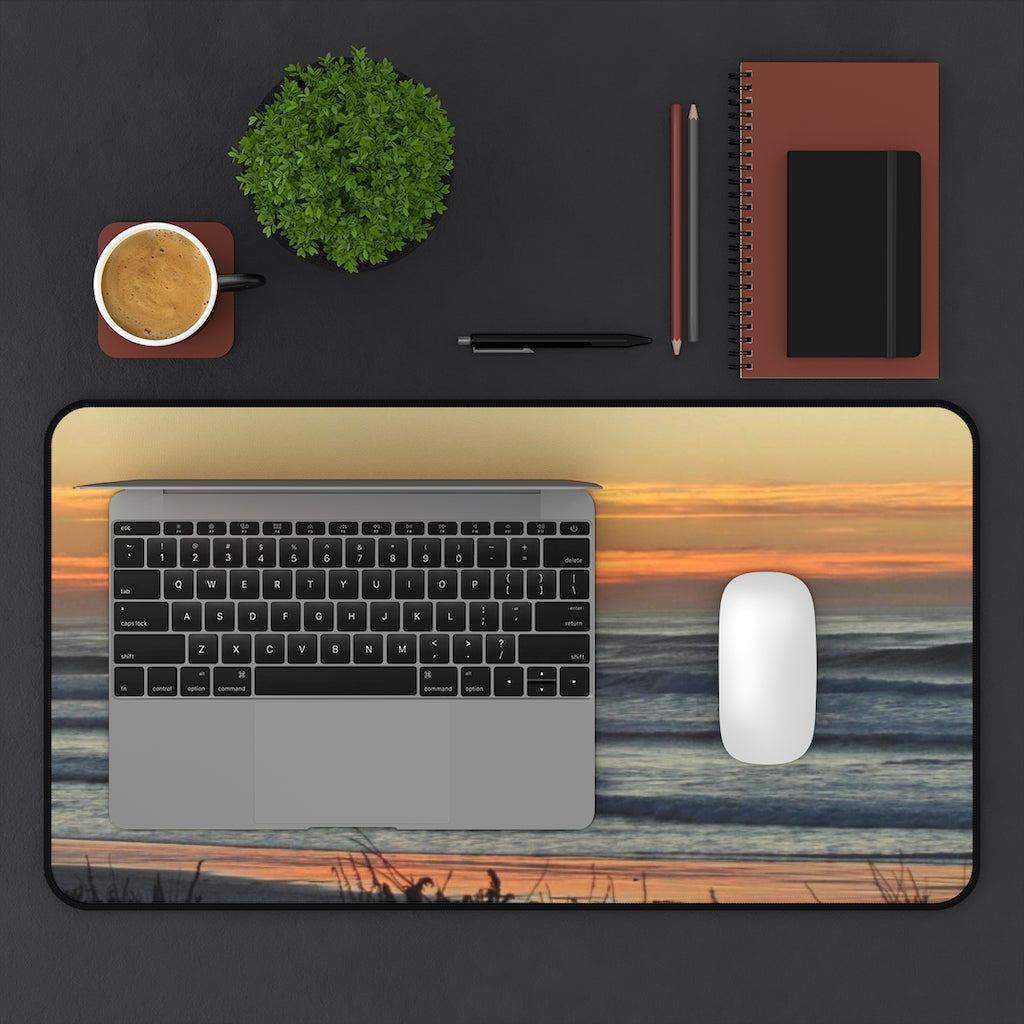 Mock up of the 12" x 22" desk mat with laptop and mouse