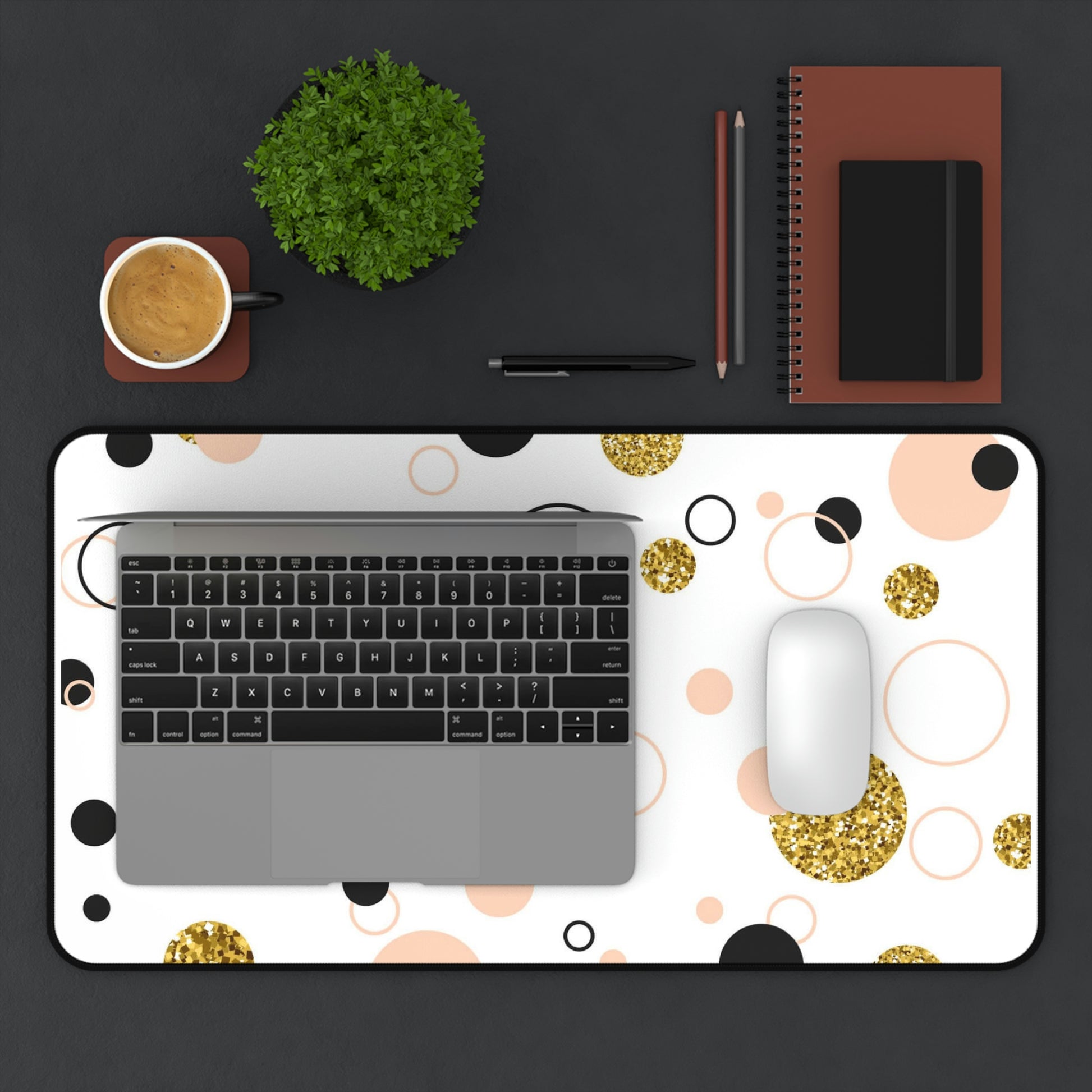 Mock up of 12" x 22" desk mat with laptop and mouse