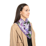 Mock up of our Purple Lilacs scarf being worn by a dark haired woman