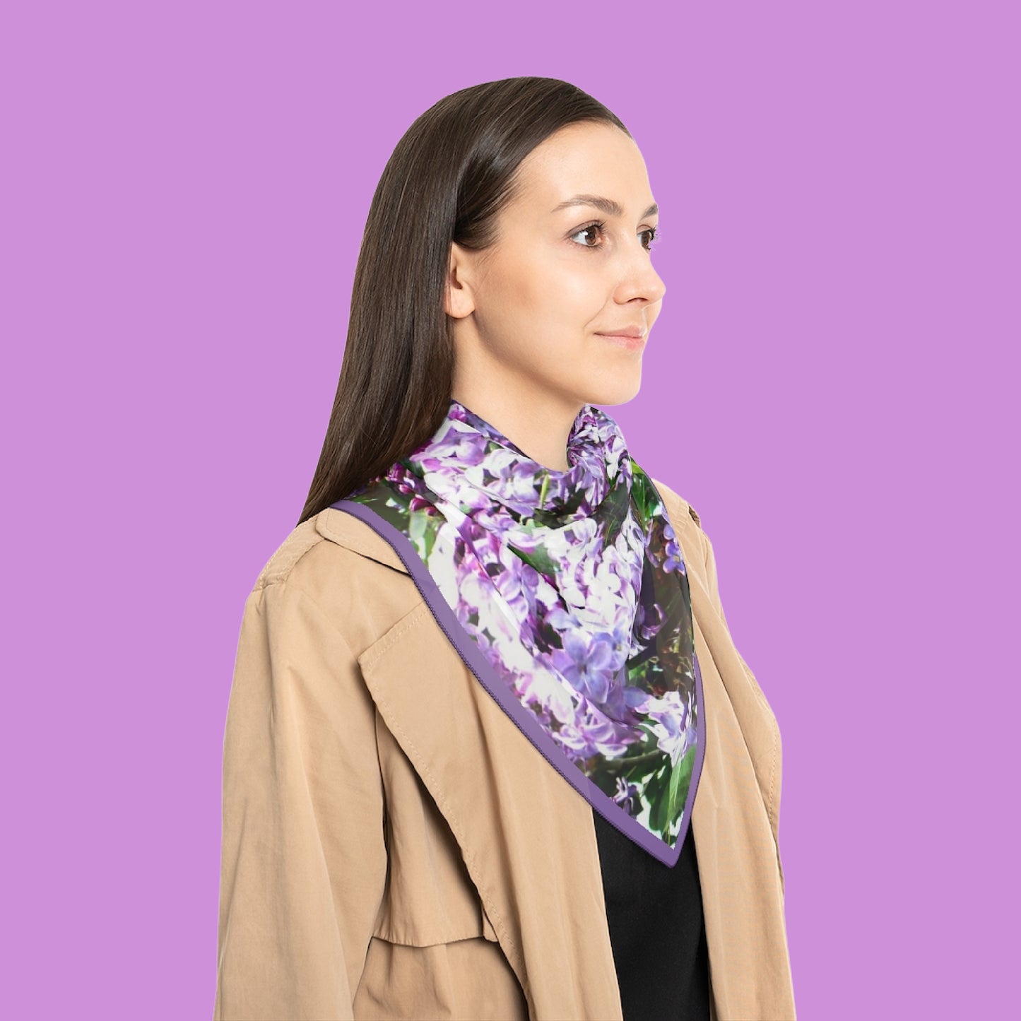 Mock up of our Purple Lilacs scarf being worn by a dark haired woman