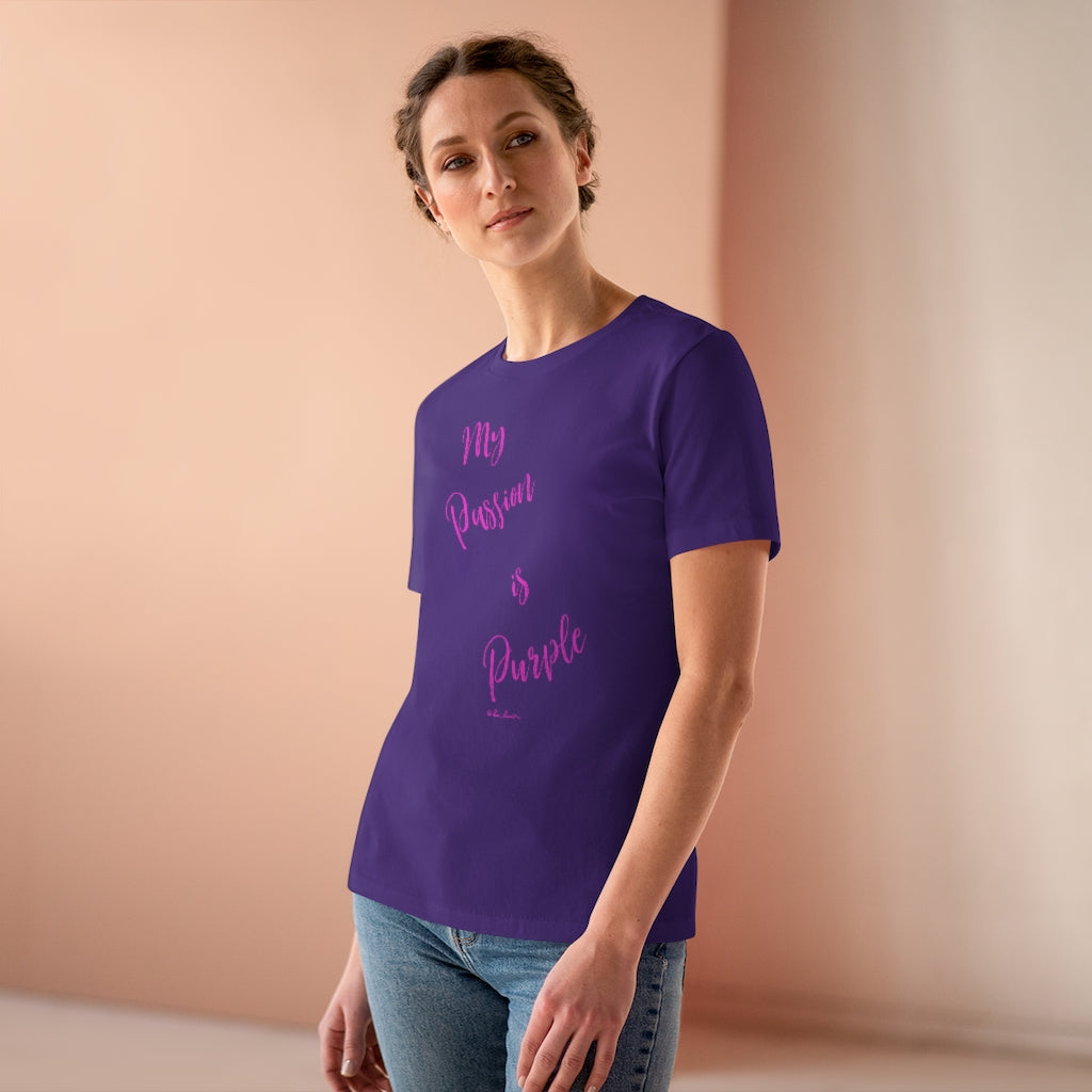 Mock up of a slim woman wearing our  purple relaxed-fit  t-shirt